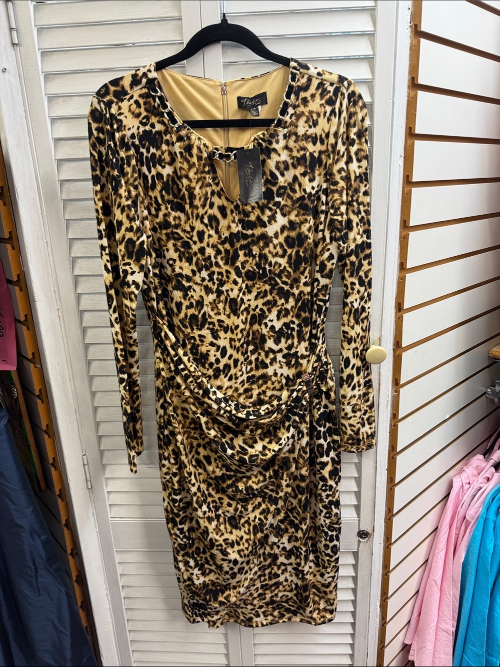 Fifteen Twenty Leopard Print Long Sleeve Draped Sheath Dress - Black & Camel